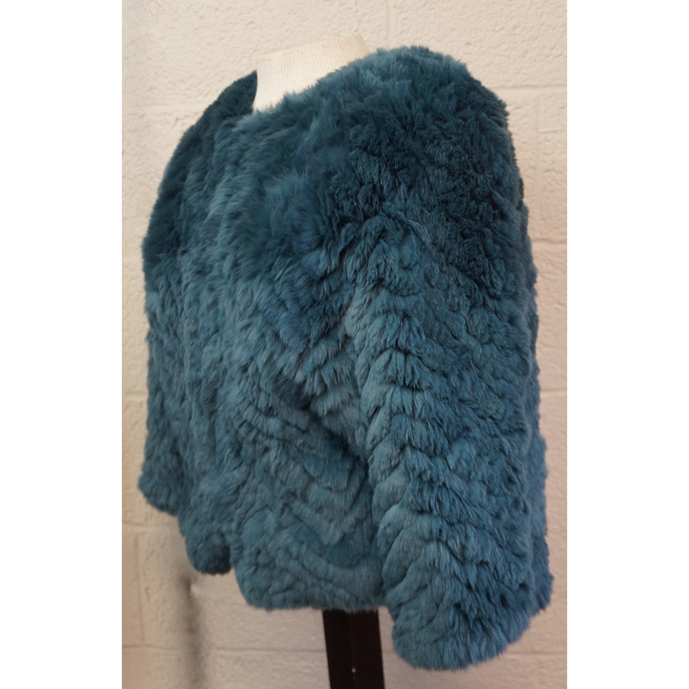 Barneys New York Teal Real Rabbit Fur Jacket Cropped Jagger Luxury Coat Size S - Picture 4 of 15